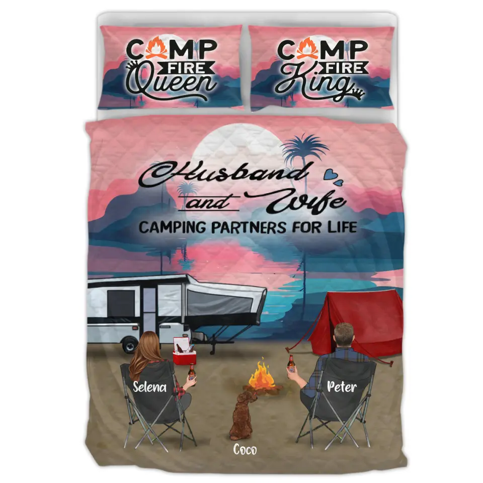 Personalized Northern Light Camping Quilt Bed Sets - Gift Idea For Couple, Camping Lovers, Family - Up to 5 Kids, 4 Pets - Fill Your Life With Adventures