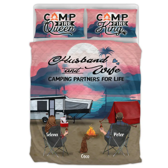 Custom Personalized Camping Quilt Bed Sets - Single Parents/Couple With Upto 4 Kids And 4 Pets - Gift Idea For Camping Lovers - Husband And Wife Camping Partners For Life