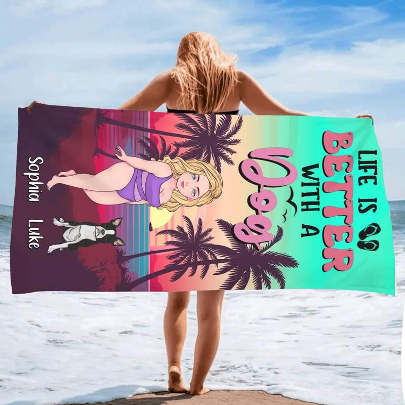 Personalized Dog Mom Beach Towel - Up to 4 Dogs - Gift Idea for Dog Lovers - Life Is Better With A Dog