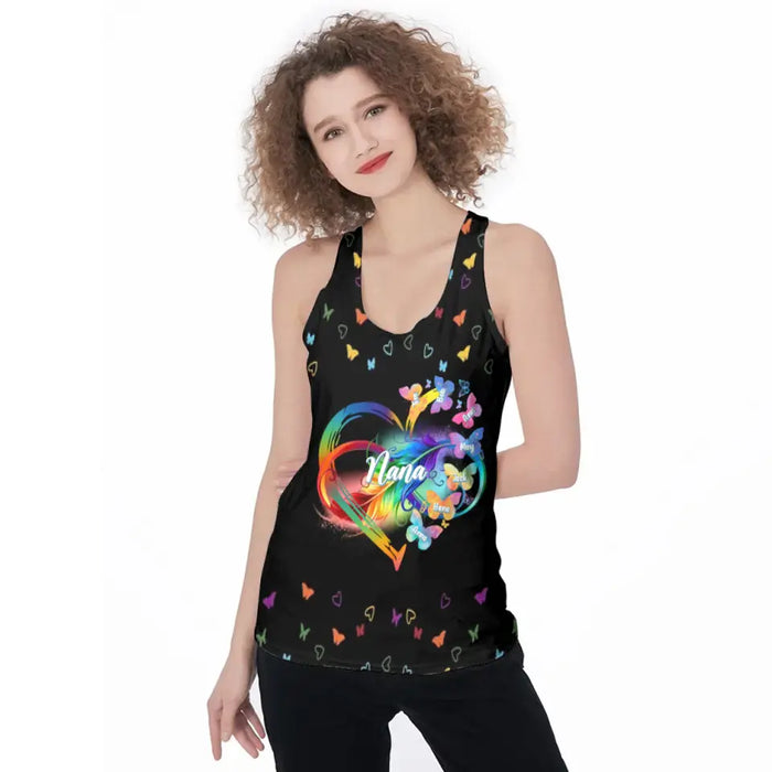 Personalized Grandma AOP Women's Racerback Tank Top - Gift Idea for Grandma/Nana/Mother - Up to 7 Kids Name