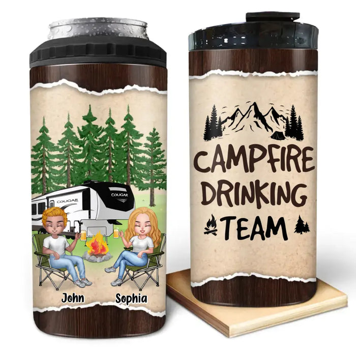 Custom Camping Friends 4 In 1 Can Cooler Tumbler - Upto 6 People - Gift Idea For Friends/Couple/Camping Lovers - Campfire Drinking Team