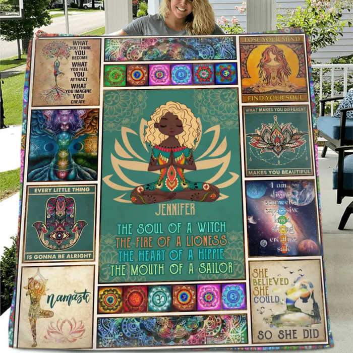 Custom Personalized Yoga Quilt/Single Layer Fleece Blanket - The Soul Of A Witch, The Fire Of A Lioness - Gift Idea For Friend/ Birthday/ Yoga Lover