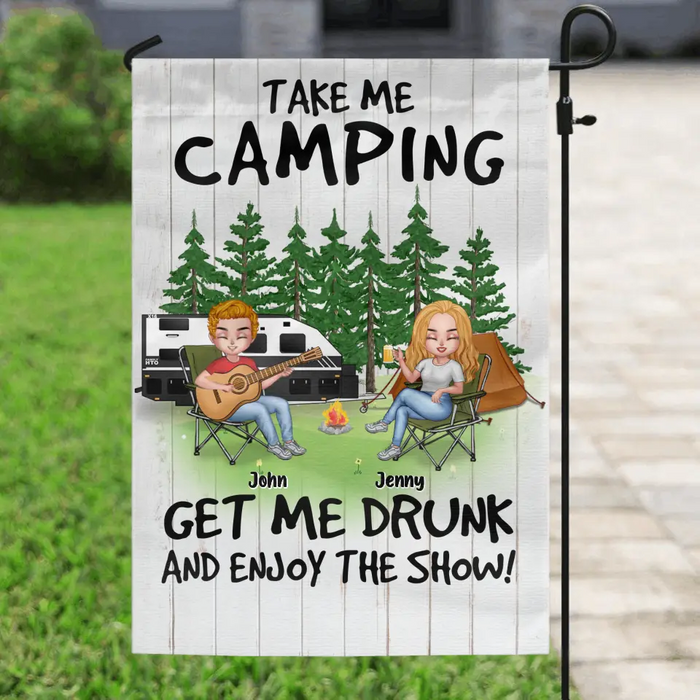 Custom Personalized Camping With Guitar Flag - Upto 6 People - Gift Idea for Camping Lovers - Take Me Camping Get Me Drunk And Enjoy The Show