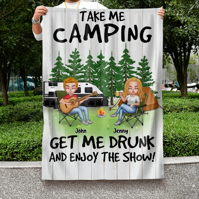 Custom Personalized Camping With Guitar Flag - Upto 6 People - Gift Idea for Camping Lovers - Take Me Camping Get Me Drunk And Enjoy The Show