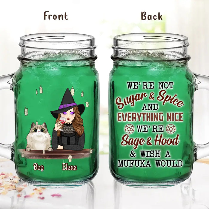 Custom Personalized Witch Mason Jug - Upto 6 Dogs/Cats - Halloween Gift Idea for Dog/Cat Lovers - We're Not Sugar & Spice And Everything Nice