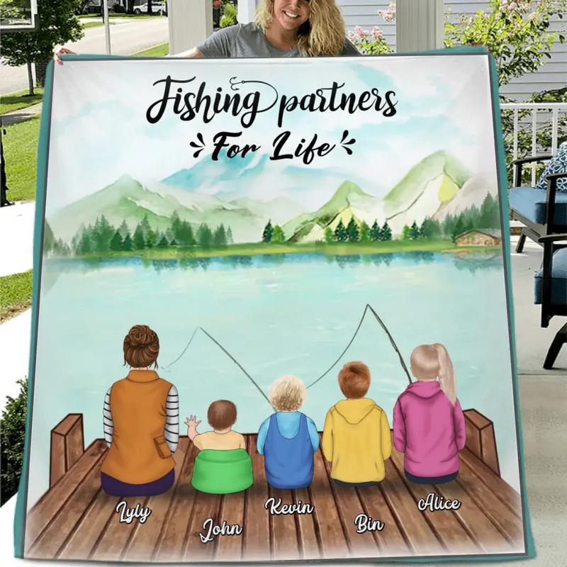 Personalized Fishing Fleece Blanket/Quilt - Single Parent and up to 4 Kids - Fishing Partners for Life