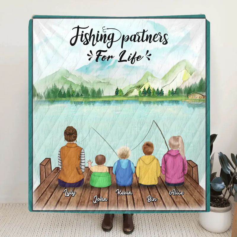 Personalized Fishing Fleece Blanket/Quilt - Single Parent and up to 4 Kids - Fishing Partners for Life