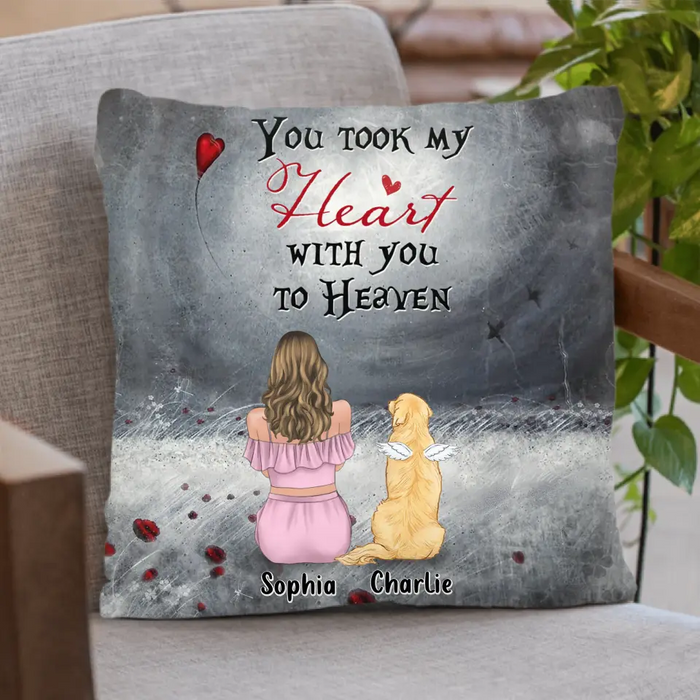 Custom Personalized Memorial Dog Mom Pillow Cover - Upto 5 Dogs - Memorial Gift Idea For Dog Owner - You Took My Heart With You To Heaven