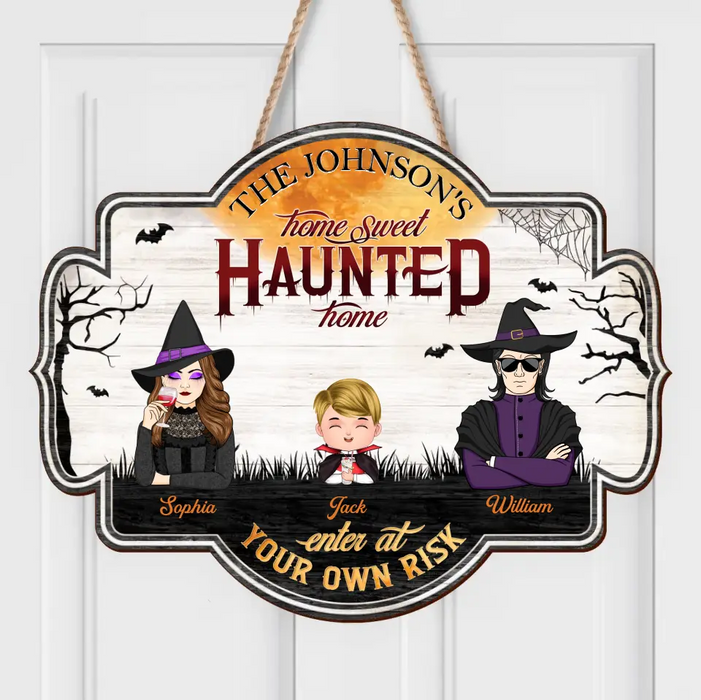 Custom Personalized Witch Family Wooden Sign - Upto 4 Kids - Halloween Gift Idea for Family - Home Sweet Haunted Home