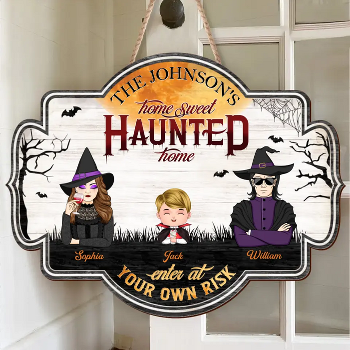 Custom Personalized Witch Family Wooden Sign - Upto 4 Kids - Halloween Gift Idea for Family - Home Sweet Haunted Home