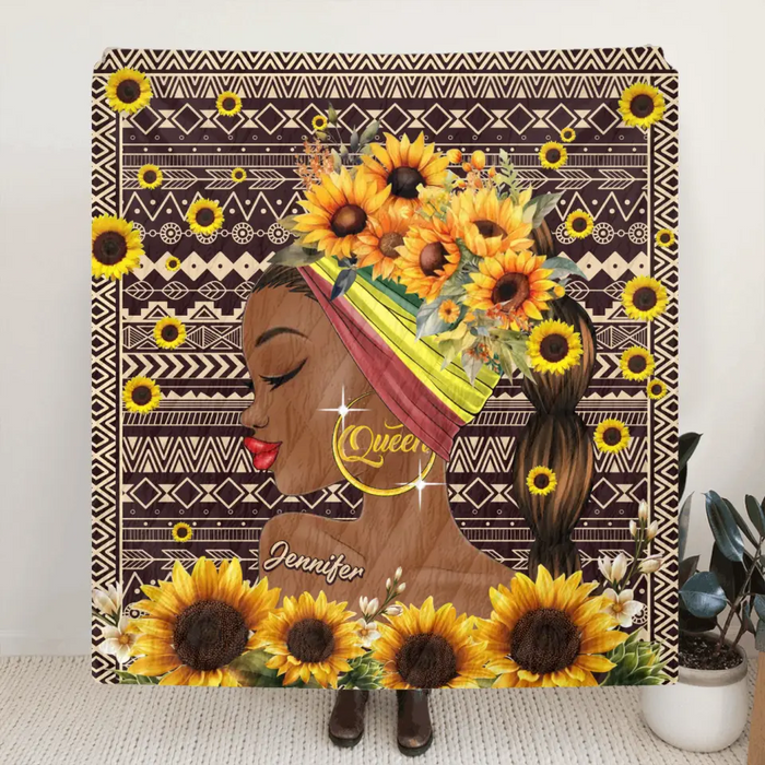 Custom Personalized Sunflower Girl Singer Layer Fleece/Quilt Blanket- Gift Idea for Black Girl/Black Woman/Afro Black Girl