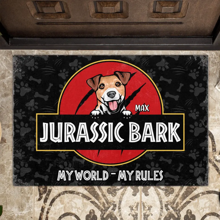 Custom Personalized Dog Doormat - Gift Idea For Dog Lover/ Dog Owner - Custom Dog's Name - Jurassic Bark - Their World - Their Rules