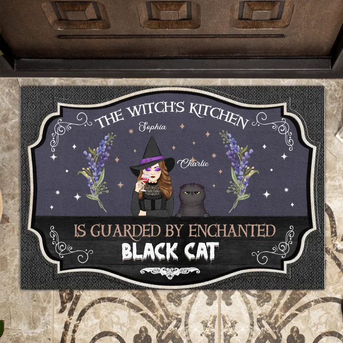 Custom Personalized Witch Doormat - Halloween Gift Idea for Cat Lovers - The Witch's Kitchen Is Guarded By Enchanted Black Cat