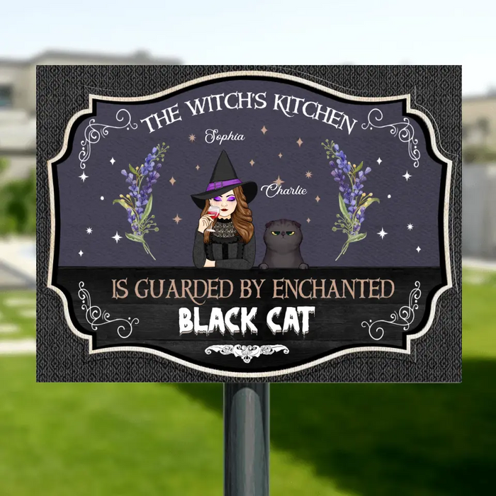 Custom Personalized Witch Metal Sign - Halloween Gift Idea for Cat Lovers - The Witch's Kitchen Is Guarded By Enchanted Black Cat
