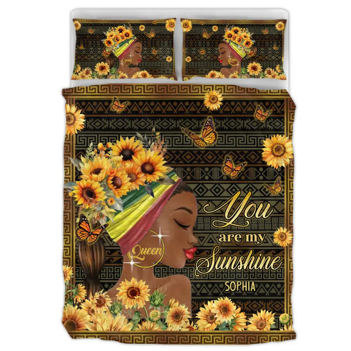 Custom Personalized Sunflower Girl Quilt Bed Set - Gift Idea for Black Girl/Black Woman/Afro Black Girl  - You Are My Sunshine