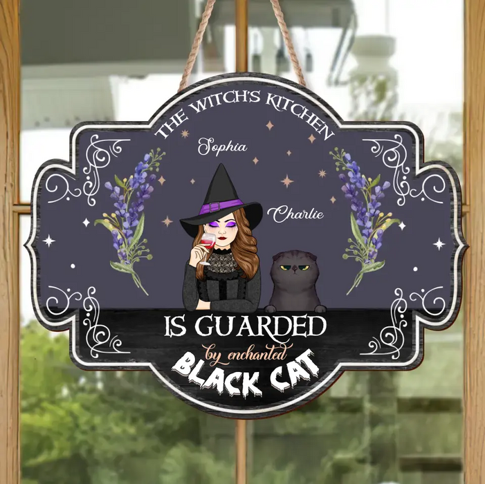 Custom Personalized Witch Wooden Sign - Halloween Gift Idea for Cat Lovers - The Witch's Kitchen Is Guarded By Enchanted Black Cat