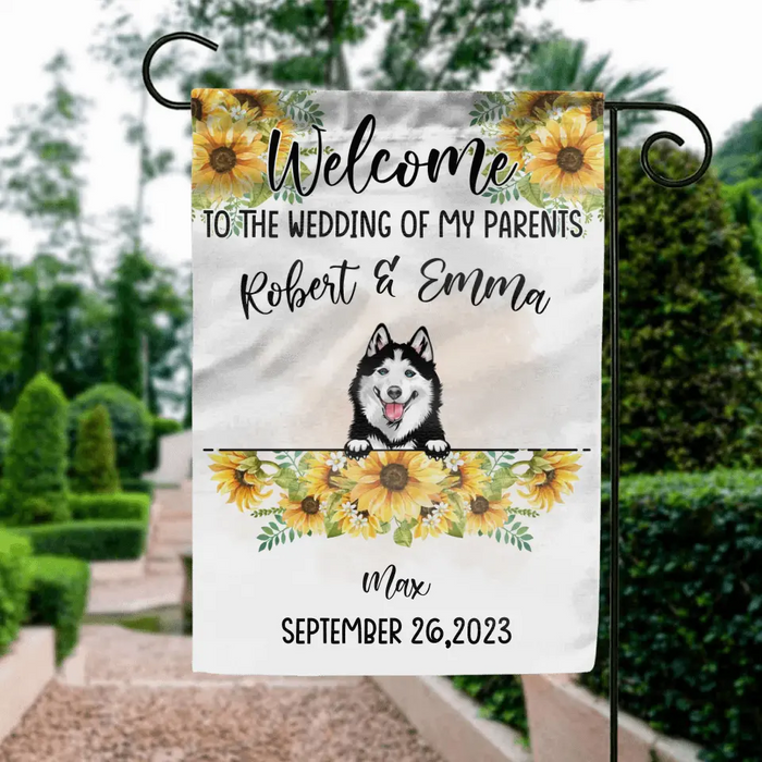 Custom Personalized Dog Wedding Flag Sign - Upto 5 Dogs - Wedding Gift Idea For Couple/ Dog Lover - Welcome To The Wedding Of Our Parents