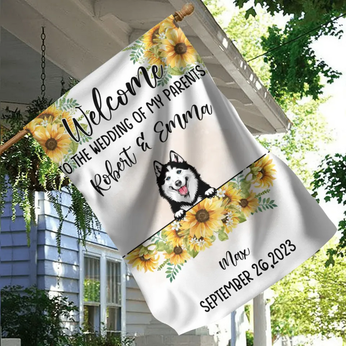 Custom Personalized Dog Wedding Flag Sign - Upto 5 Dogs - Wedding Gift Idea For Couple/ Dog Lover - Welcome To The Wedding Of Our Parents