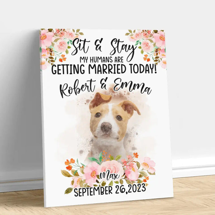 Custom Personalized Dog Wedding Canvas - Upload Photo - Wedding Gift Idea For Couple/ Dog Lover - Sit & Stay My Humans Are Getting Married Today!