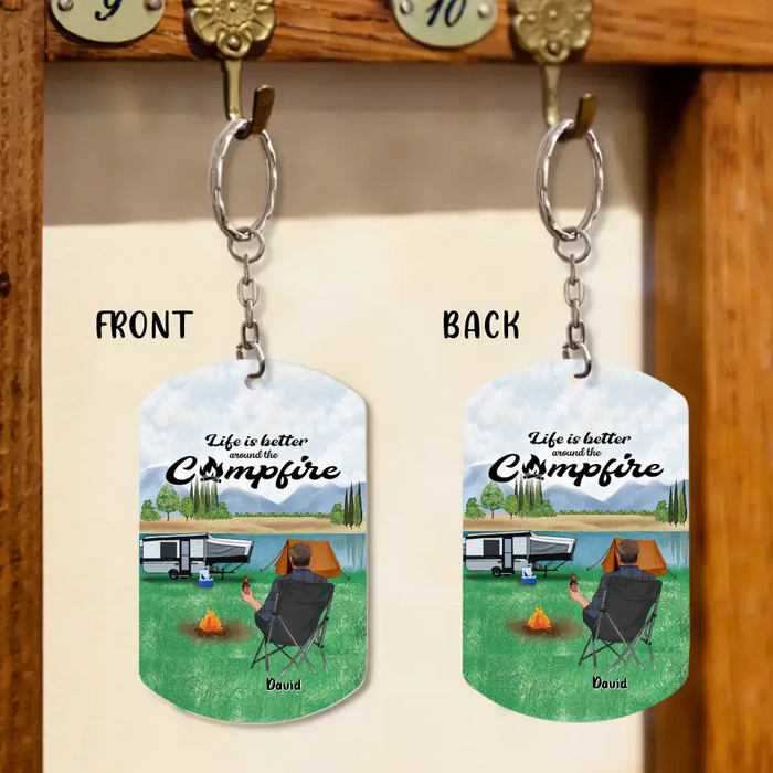 Custom Personalized Camping Aluminum Keychain - Adult/Couple with Upto 3 Dogs/Cats - Gift Idea for Camping/Dog/Cat Lovers - Life Is Better Around The Campfire
