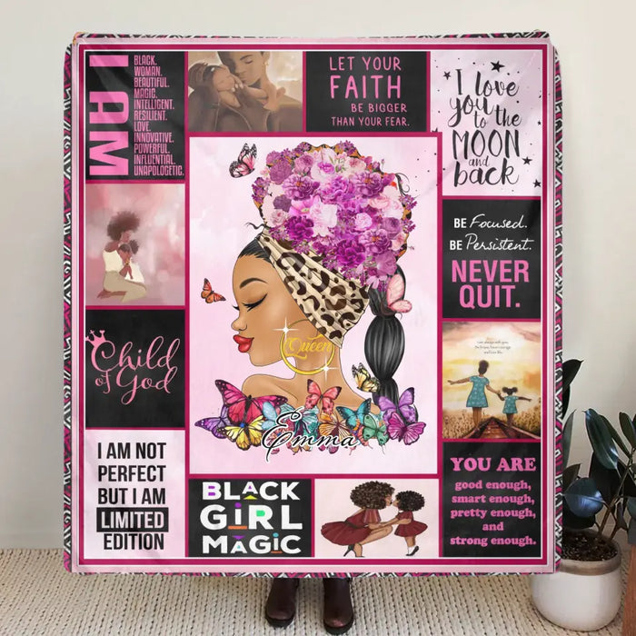 Personalized Black Woman Fleece Throw Blanket/Quilt - Gift Idea for Black Girl/Black Woman/Afro Black Girl - Child Of God