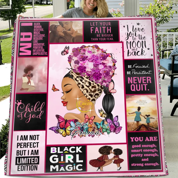Personalized Black Woman Fleece Throw Blanket/Quilt - Gift Idea for Black Girl/Black Woman/Afro Black Girl - Child Of God