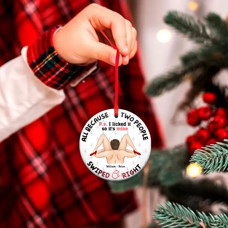 Personalized Swiped Right Couple Circle Wooden Ornament - Gift Idea For Couple - Gift To Him/Her - I Licked It So It's Mine