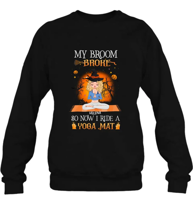 Custom Personalized Witch Yoga Girl Shirt/Hoodie - Gift Idea For Witch Lover/ Halloween - My Broom Broke So Now I Ride A Yoga Mat