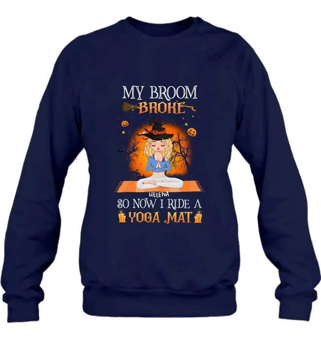 Custom Personalized Witch Yoga Girl Shirt/Hoodie - Gift Idea For Witch Lover/ Halloween - My Broom Broke So Now I Ride A Yoga Mat