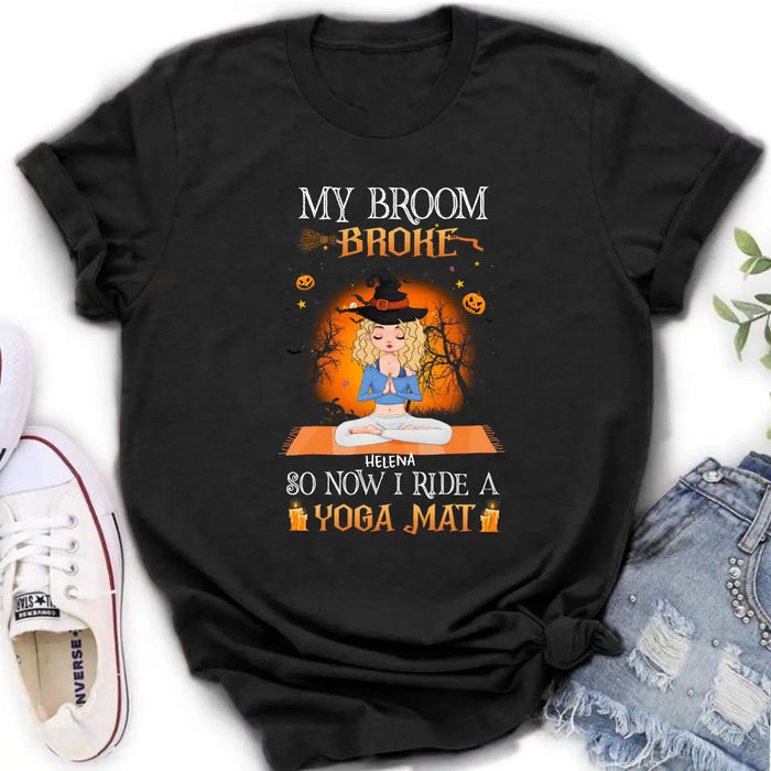 Custom Personalized Witch Yoga Girl Shirt/Hoodie - Gift Idea For Witch Lover/ Halloween - My Broom Broke So Now I Ride A Yoga Mat