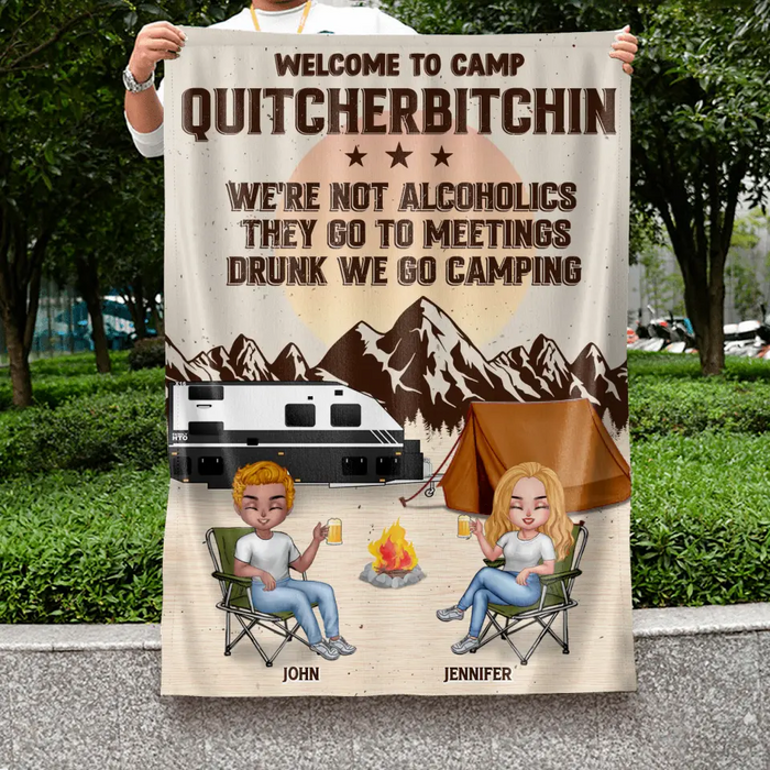 Custom Personalized Camping Flag - Upto 4 People - Gift Idea for Camping Lovers/ Couple/ Friends - Welcome To Camp Quitcherbitchin