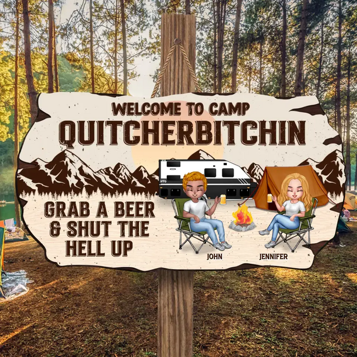 Custom Personalized Camping Wooden Sign - Upto 4 People - Gift Idea For Couple/Friends/Camping Lovers - Welcome To Camp Quitcherbitchin