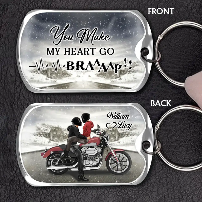Custom Personalized Riding Couple Aluminum Keychain - Gift Idea for Husband/ Wife/ Couple/ Him/ Her - You Make My Heart Go Braaaap!