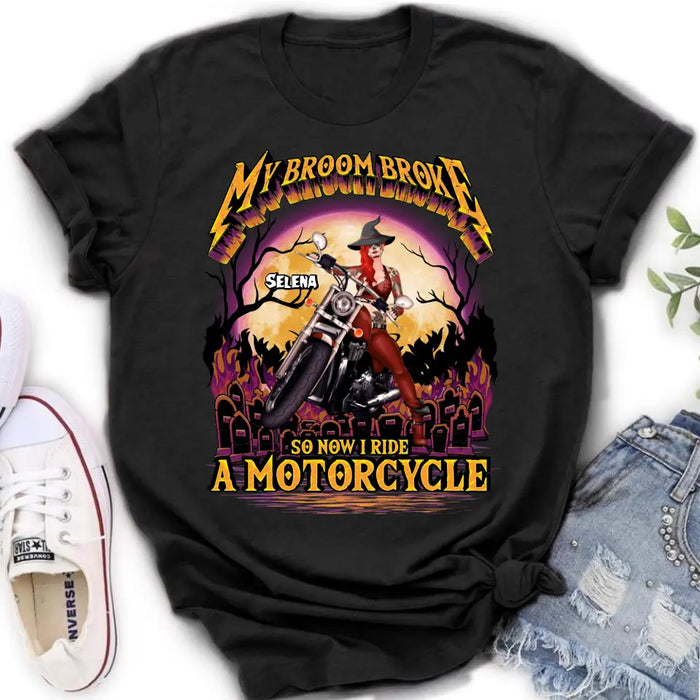 Custom Personalized Witch Biker Shirt/Hoodie - Upto 4 Dogs/Cats - Halloween Gift Idea For Bikers - My Broom Broke So Now I Ride A Motorcycle