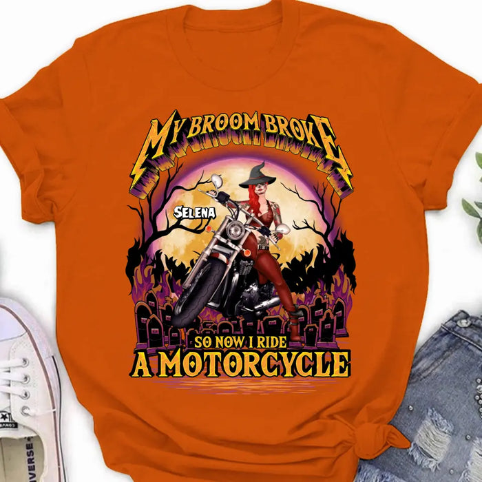 Custom Personalized Witch Biker Shirt/Hoodie - Upto 4 Dogs/Cats - Halloween Gift Idea For Bikers - My Broom Broke So Now I Ride A Motorcycle
