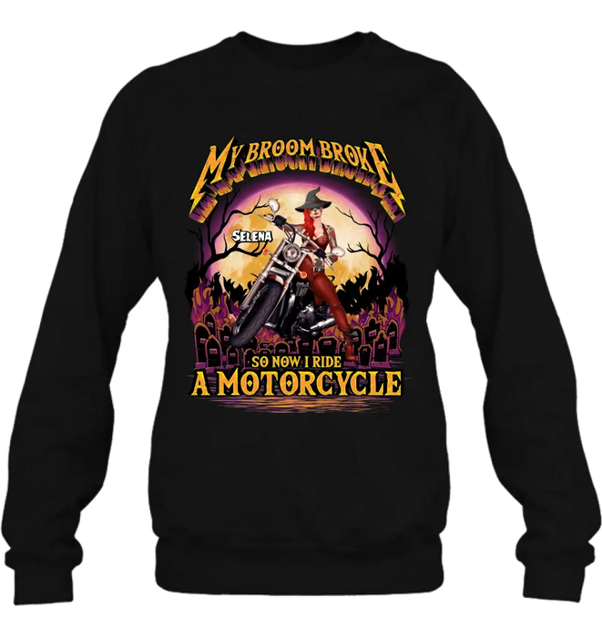 Custom Personalized Witch Biker Shirt/Hoodie - Upto 4 Dogs/Cats - Halloween Gift Idea For Bikers - My Broom Broke So Now I Ride A Motorcycle