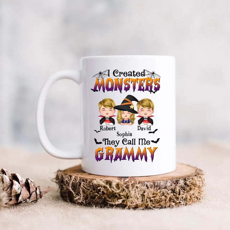 Personalized Grandma Coffee Mug - Halloween Gift Idea for Witch Lovers - Up to 3 Kids - I Created Monsters They Call Me Grammy