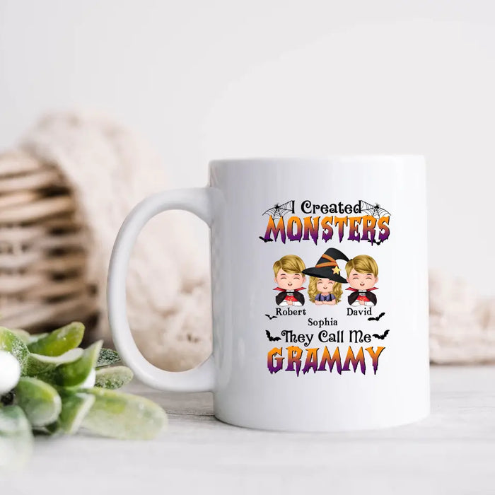 Personalized Grandma Coffee Mug - Halloween Gift Idea for Witch Lovers - Upto 3 Kids - I Created Monsters They Call Me Grammy