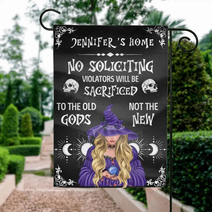Personalized Witch Flag Sign - Halloween Gift Idea For Witch Lover/Friend/Wiccan Decor/Pagan Decor - No Soliciting Violators Will Be Sacrificed To The Old Gods Not The New