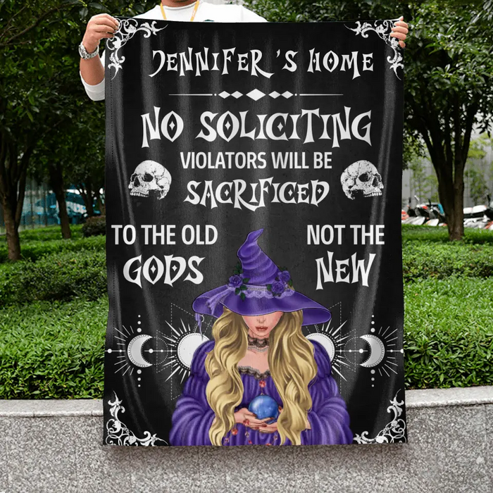 Personalized Witch Flag Sign - Halloween Gift Idea For Witch Lover/Friend/Wiccan Decor/Pagan Decor - No Soliciting Violators Will Be Sacrificed To The Old Gods Not The New