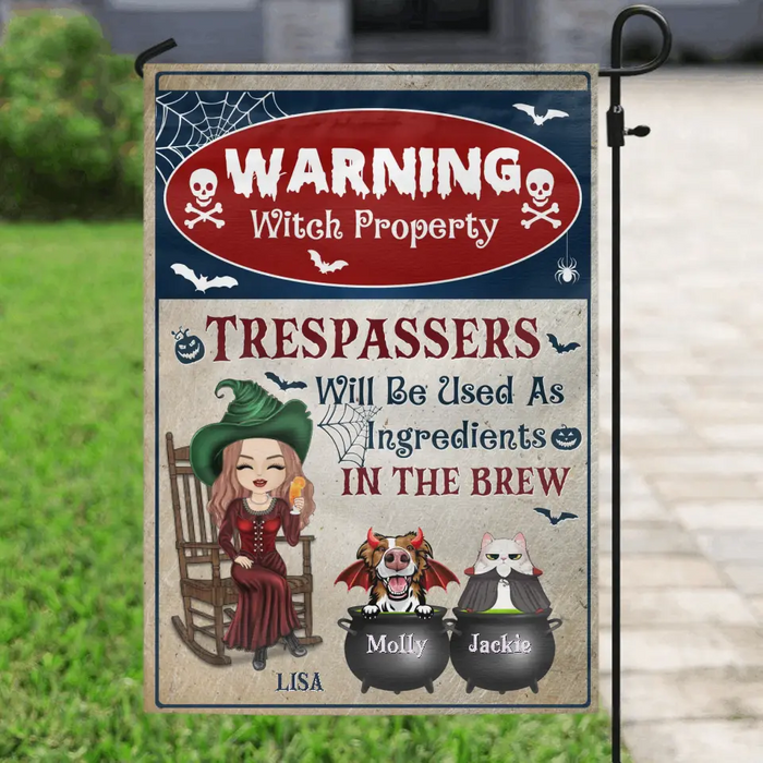 Personalized Witch Flag Sign - Halloween Gift Idea for Pet Lovers - Upto 2 Pets - Trespassers Will Be Used As Ingredients In The Brew