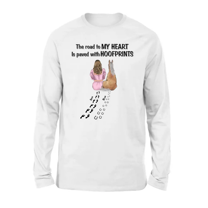 Custom Personalized Horse Mom Shirt/Hoodie - Gift Idea For Horse Lover - Upto 3 Horses - The Road To My Heart Is Paved With Hoofprints