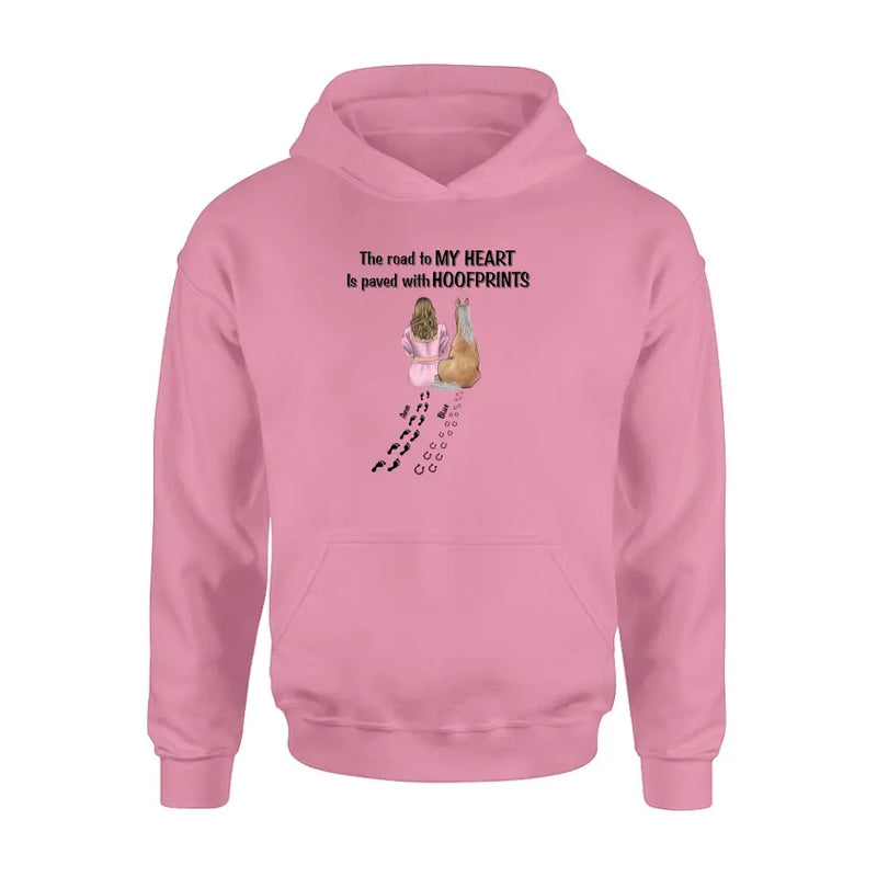 Personalized Horse Mom Shirt/Hoodie - Gift Idea For Horse Lover - Up to 3 Horses - The Road To My Heart Is Paved With Hoofprints