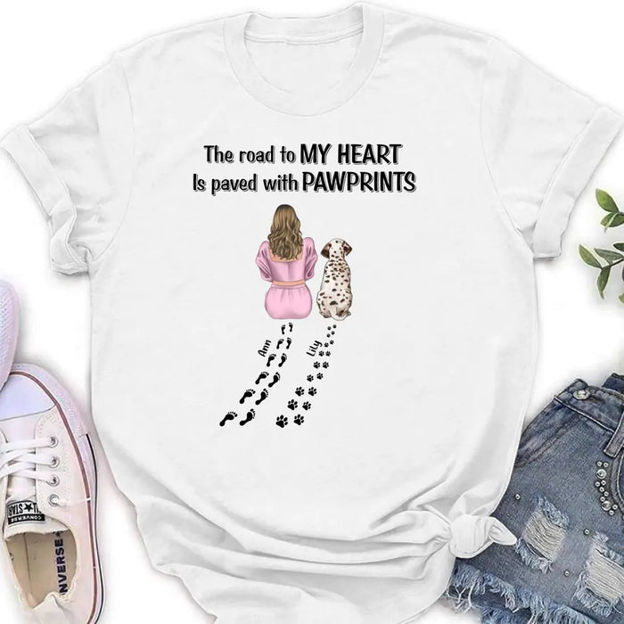 Custom Personalized Pet Mom Shirt/Hoodie - Gift Idea For Dog/Cat Lover - Upto 3 Pets - The Road To My Heart Is Paved With Pawprints