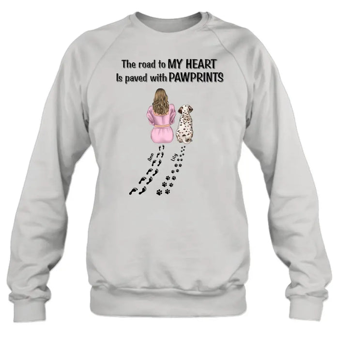 Custom Personalized Pet Mom Shirt/Hoodie - Gift Idea For Dog/Cat Lover - Upto 3 Pets - The Road To My Heart Is Paved With Pawprints