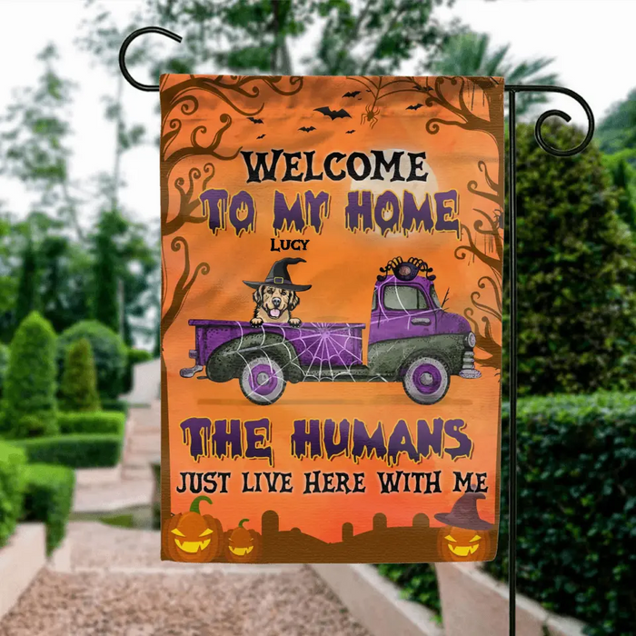 Personalized Halloween Dog Flag Sign - Halloween Gift Idea for Dog Lovers - Upto 6 Dogs - Welcome To My Home The Humans Just Live Here With Me