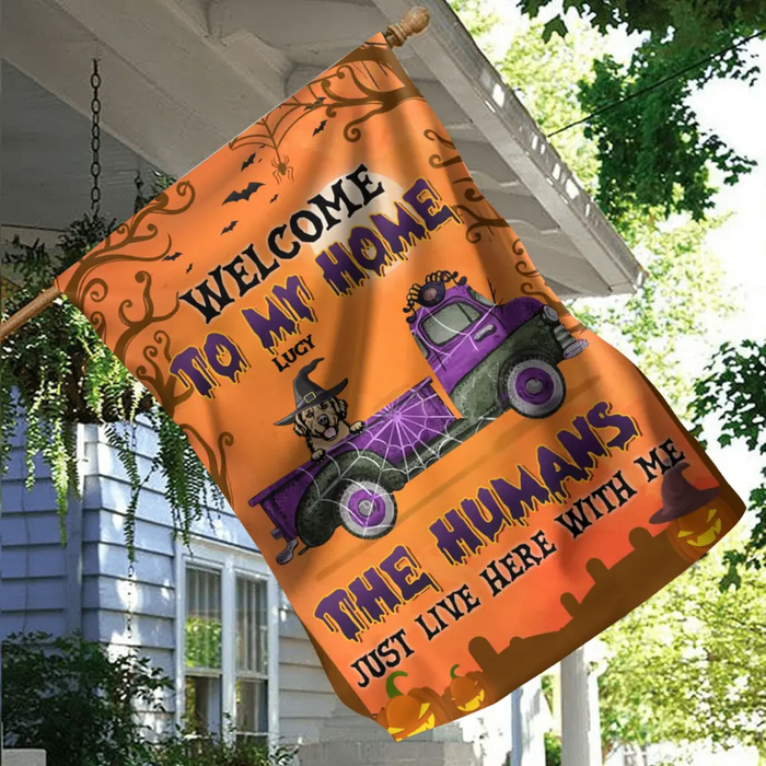 Personalized Halloween Dog Flag Sign - Halloween Gift Idea for Dog Lovers - Upto 6 Dogs - Welcome To My Home The Humans Just Live Here With Me