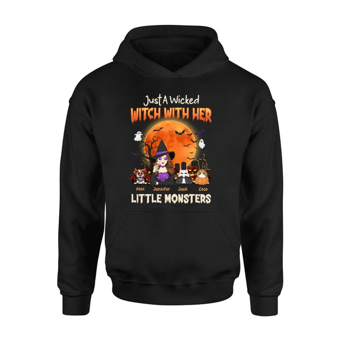 Custom Personalized Witch Pet Mom T-shirt/ Sweatshirt/ Long Sleeve/ Hoodie - Upto 3 Dogs/Cats - Halloween Gift For Cat/Dog Mom - Just A Wicked Witch With Her Little Monsters