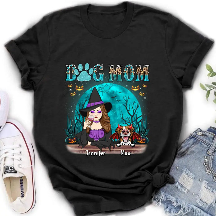 Custom Personalized Witch Dog Mom T-shirt/ Sweatshirt/ Long Sleeve/ Hoodie - Upto 4 Dogs - Halloween Gift For Dog Lover