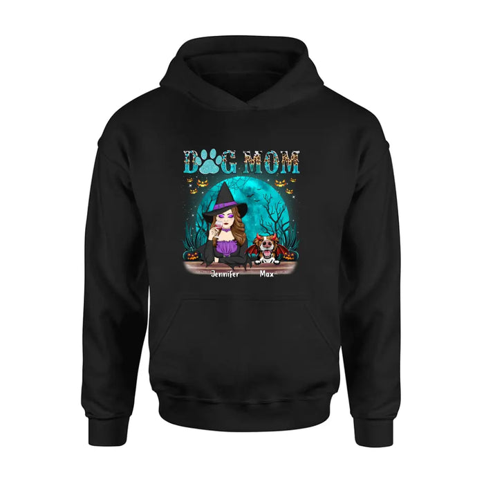 Custom Personalized Witch Dog Mom T-shirt/ Sweatshirt/ Long Sleeve/ Hoodie - Upto 4 Dogs - Halloween Gift For Dog Lover